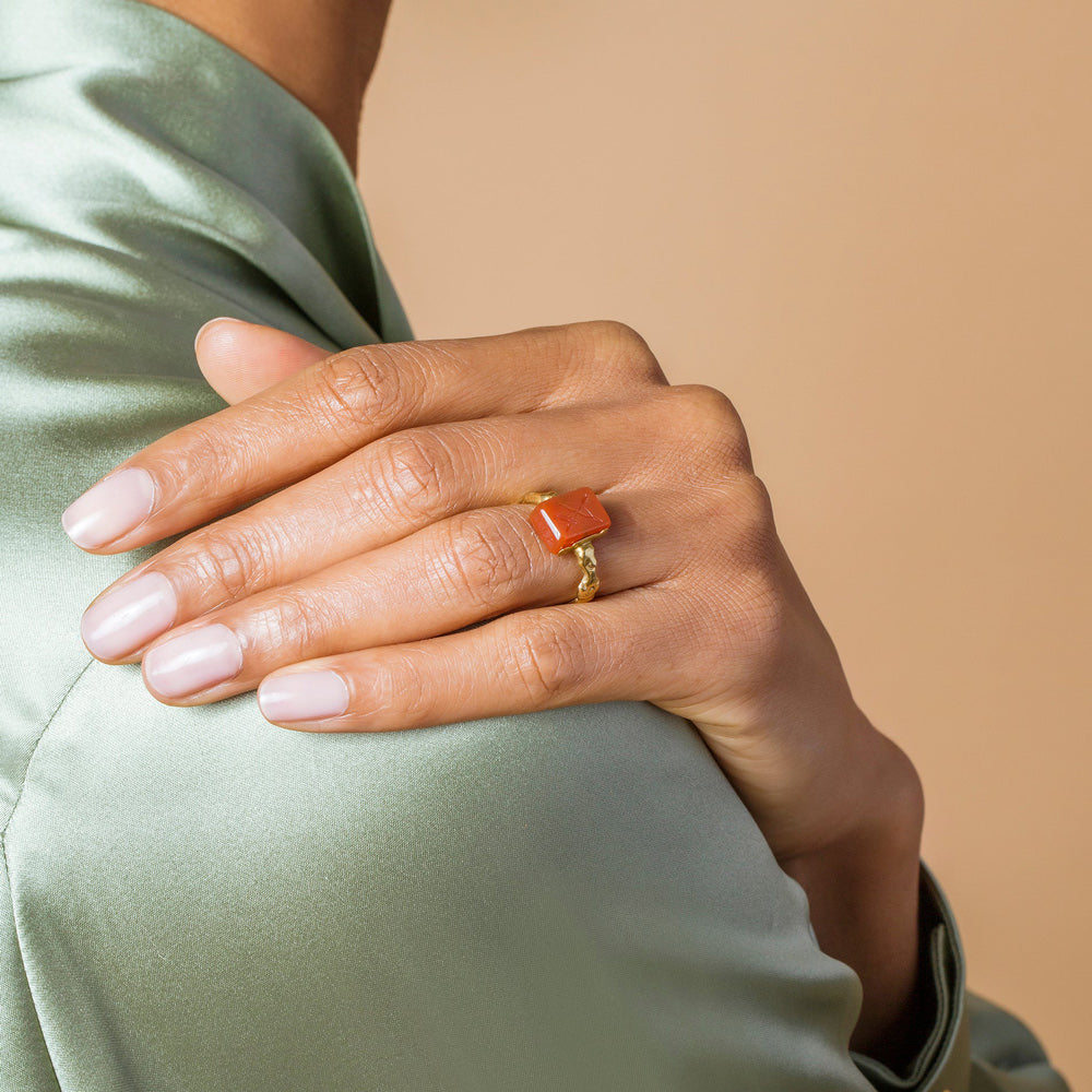 product_details::Antique Carnelian Flip Ring on model.