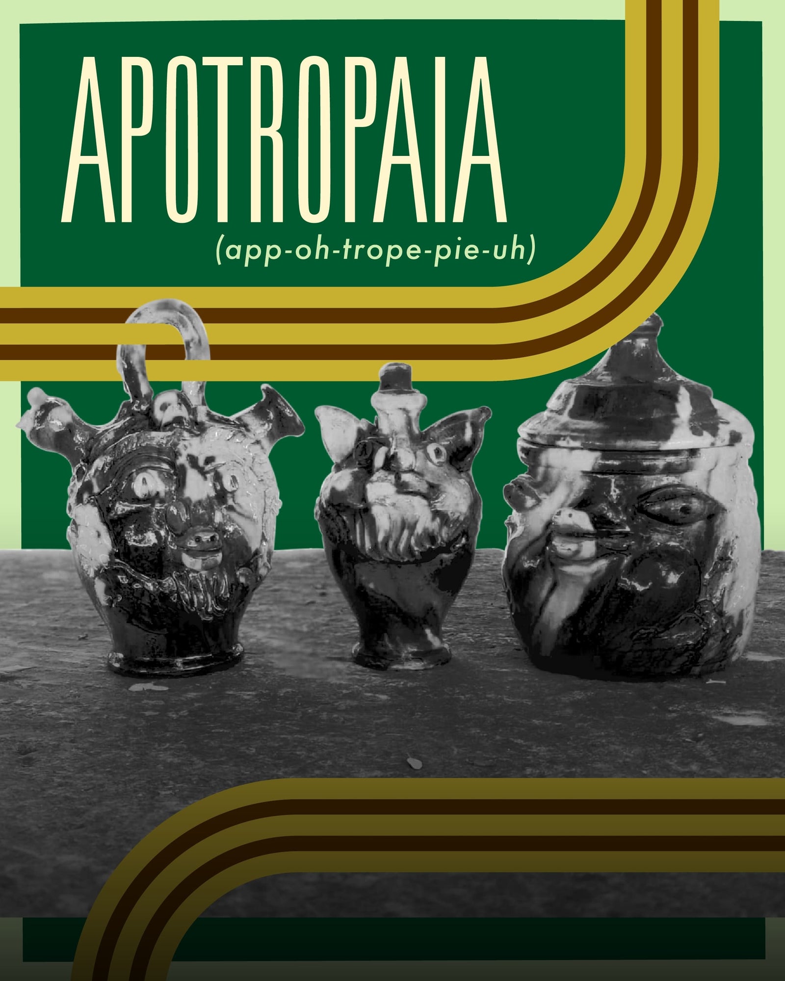 Green and yellow event poster for Mociun Fine Jewelry & Home's exhibition. The text reads 'Apotropaia' and is illustrated with graphic cut-out representations of works included in the exhibition.
