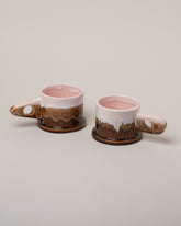 Echo Park Pottery by Peter Shire Pink & Brown Double Dip Mug Set on light color background.
