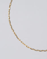 Closeup detail of the 3mm Lightweight Beveled Oval Chain Necklace on light color background.