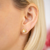 product_details::Moon Earrings on model.