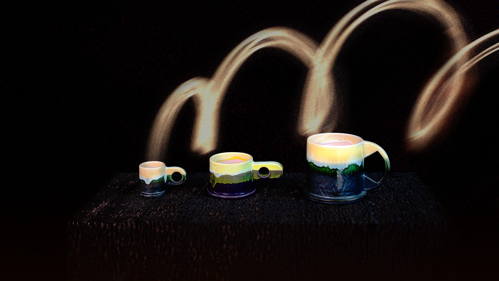 Long exposure photo of 3 Dip Mugs by Echo Park by Peter Shire on a black background.