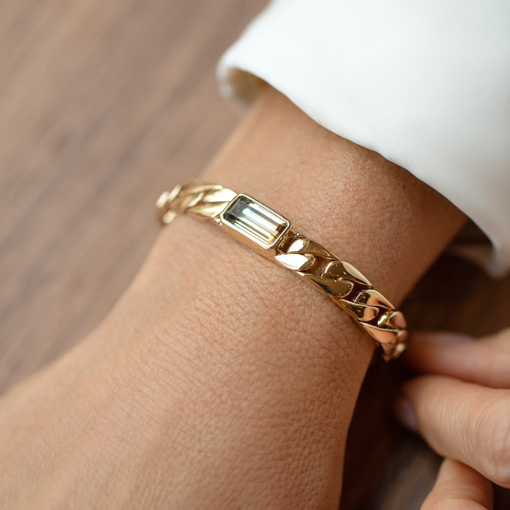 product_details::Identity Chain Bicolor Tanzanite Bracelet 002 on model.