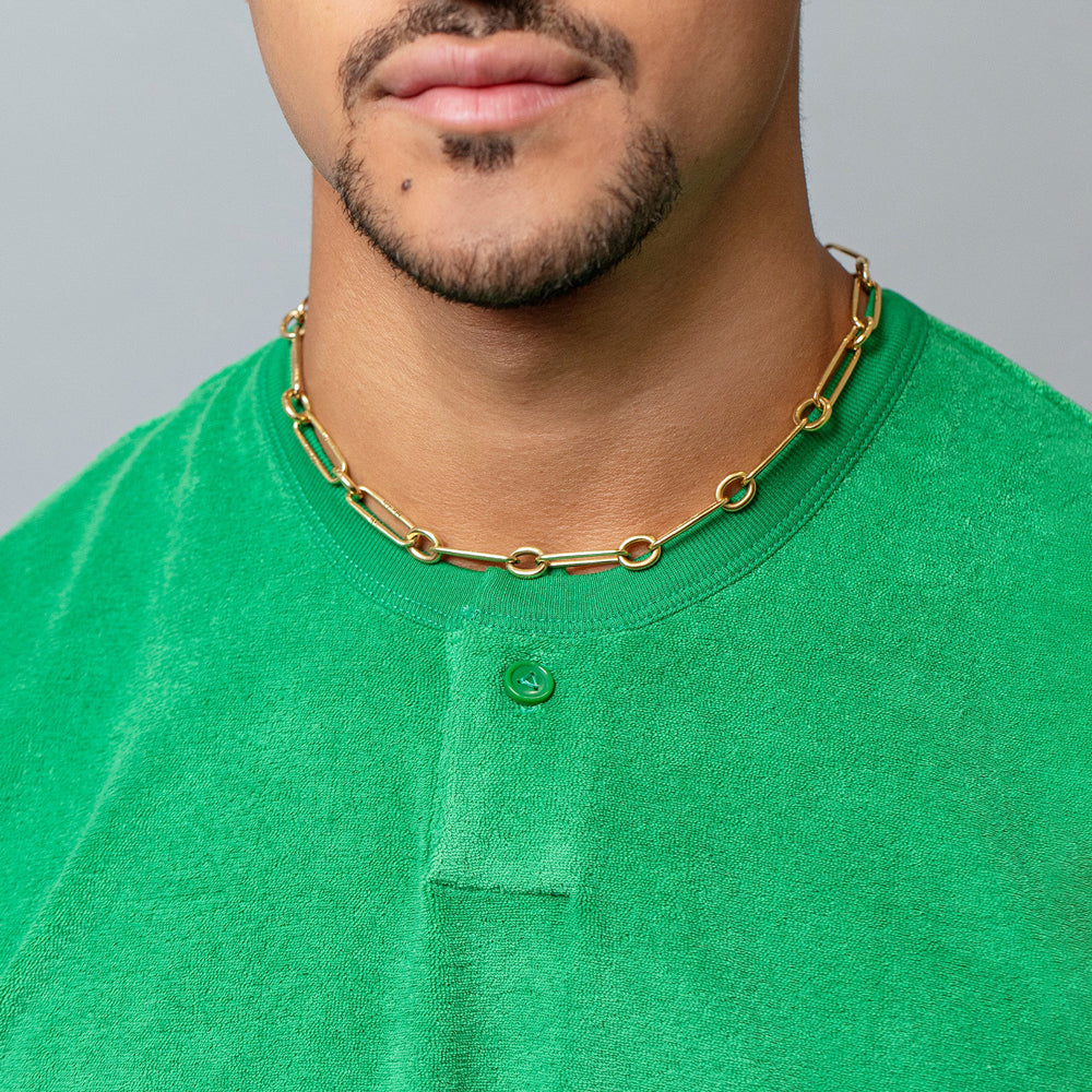 product_details::Link Necklace on male model.