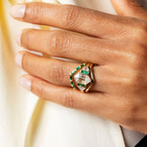 product_details::Cosmic Realm Ring, Gold Emerald Baguette High Peak Band and Gold Solid Square Wire Low Peak Band on model.