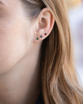Tourmaline, Bicolor Blue Sapphire and Ruby Martini Stud Earrings on model.