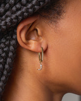 Shrimp Cocktail Charm with Gold Solid Tiny Loop Hoop Earrings on model.