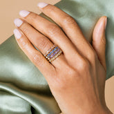 product_details::Blue Sapphire Eleven Trillion Ring, Lavender Sapphire Eleven Trillion Ring, Yellow Sapphire Eleven Trillion Ring and Peach Sapphire Eleven Trillion Rings on model.