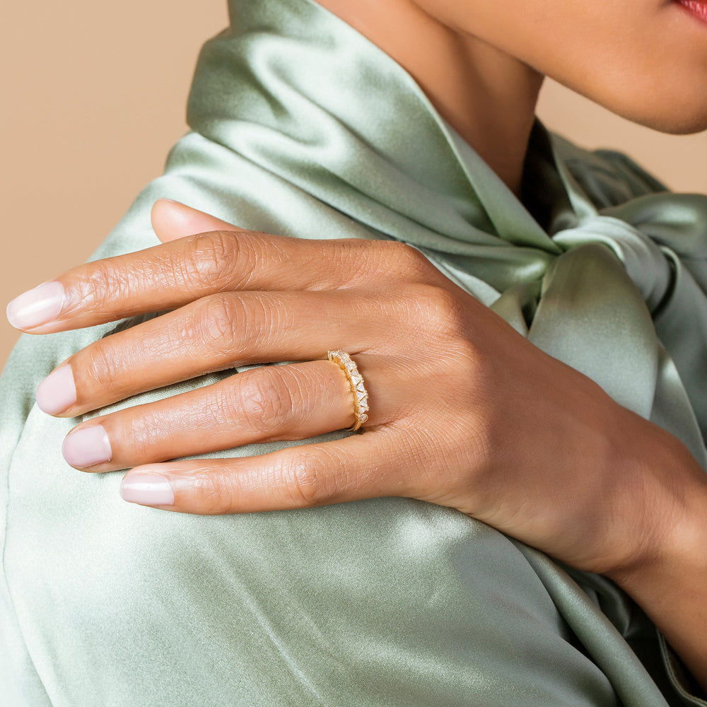 product_details::White Diamond Eleven Trillion Ring on model.