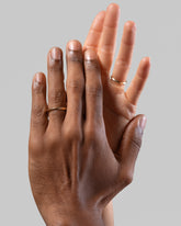 Gold 3mm Knife Edge Bands on models.