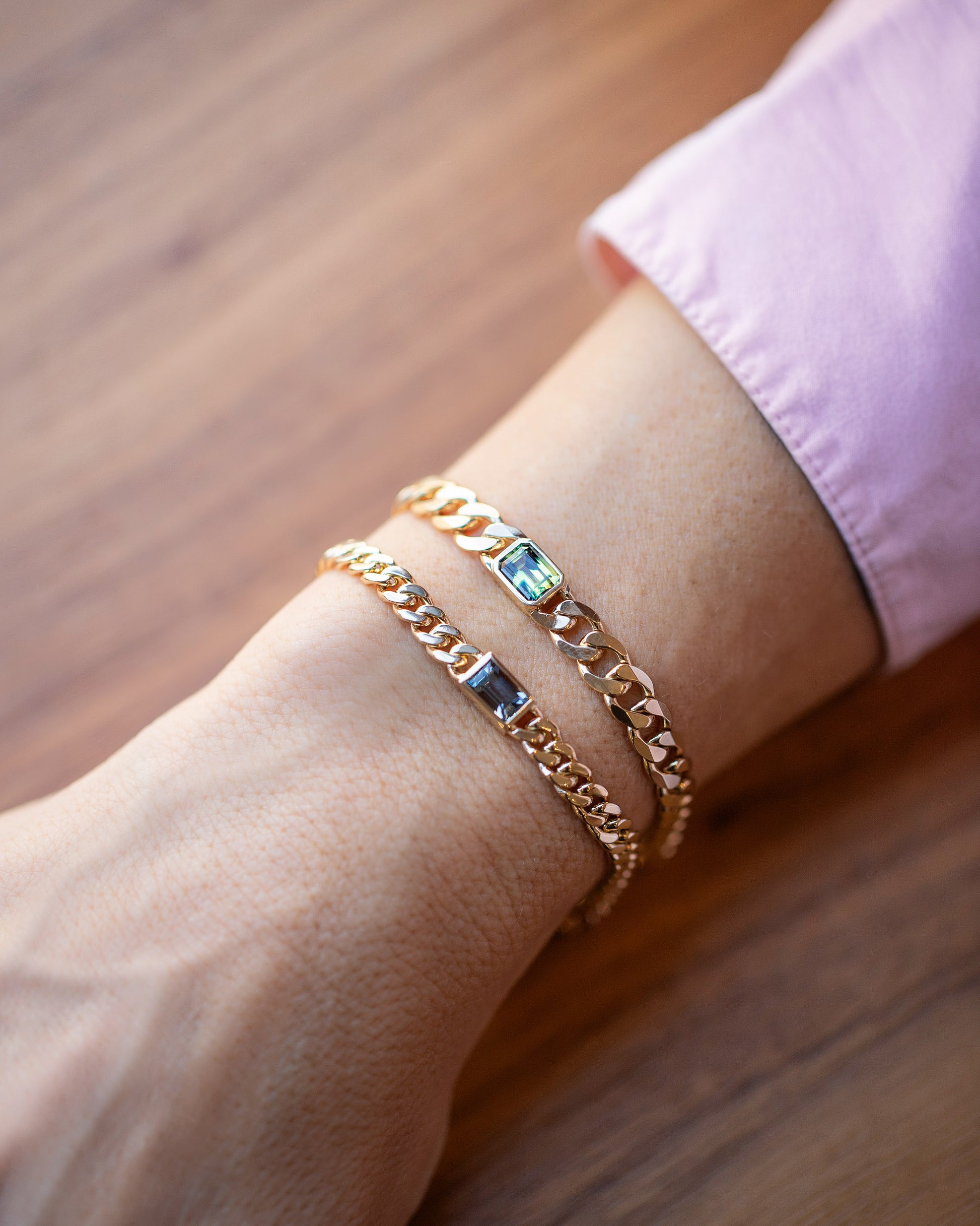 Identity Chain Bicolor Sapphire Bracelet 001 and Identity Chain Gray Spinel Bracelet 001 on model.