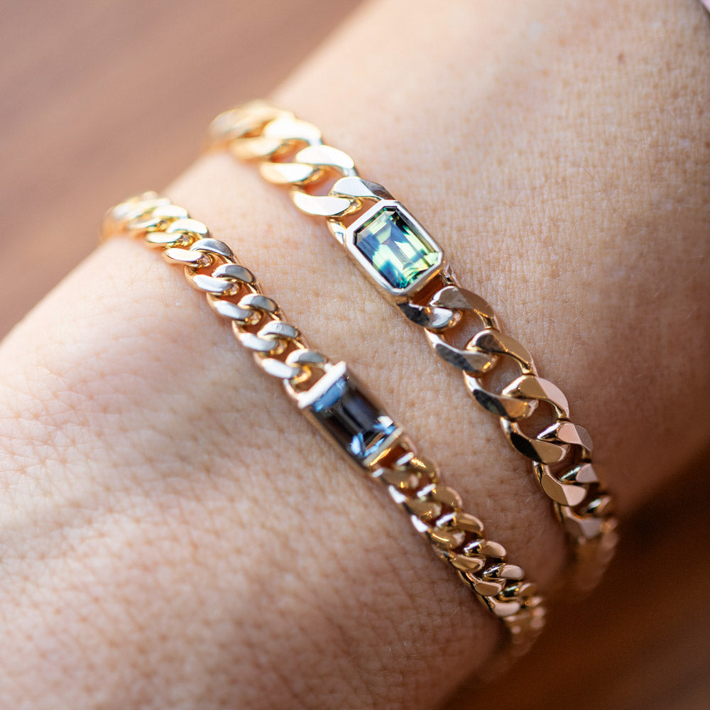 product_details::Identity Chain Bicolor Sapphire Bracelet 001 and Identity Chain Gray Spinel Bracelet 001 on model.