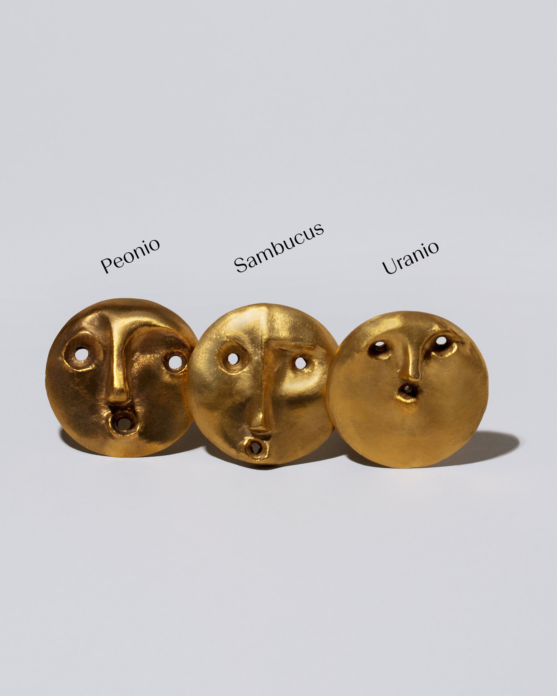 Group of Carl Auböck Peonio, Sambucus and Uranio Brass Face Bottle Stoppers on light color background.
