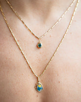 Gold Butter Chain Necklace, Harmony Pendant and Bicolor Sapphire Birthstone Level Charm on model.