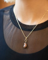 Gold Endless Clasp Charms and Bengal Curled-Up Cat Charm with the Hot Dog Chain Necklace on model.