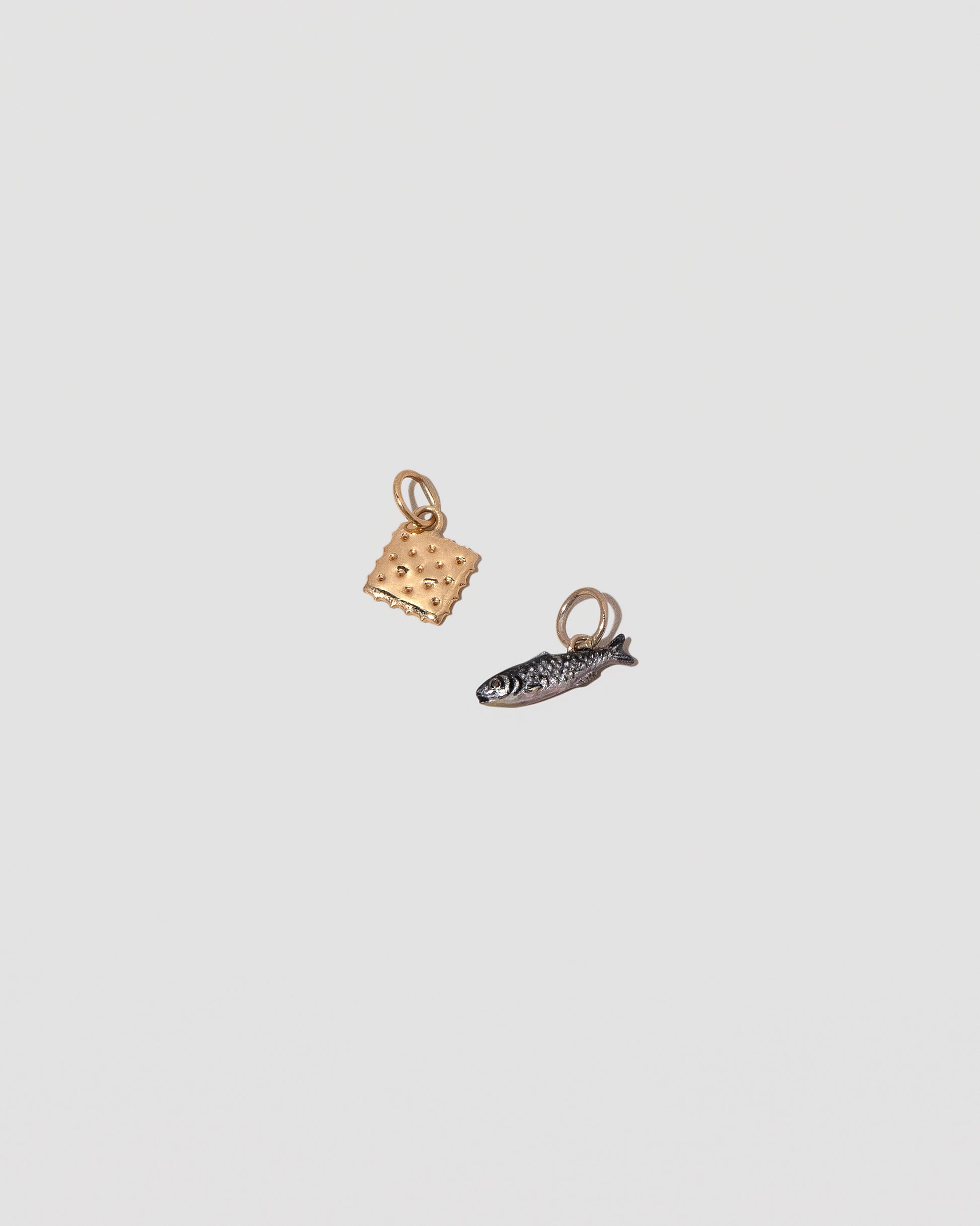 Saltine Cracker Charm and Sardine Charm on light color background.