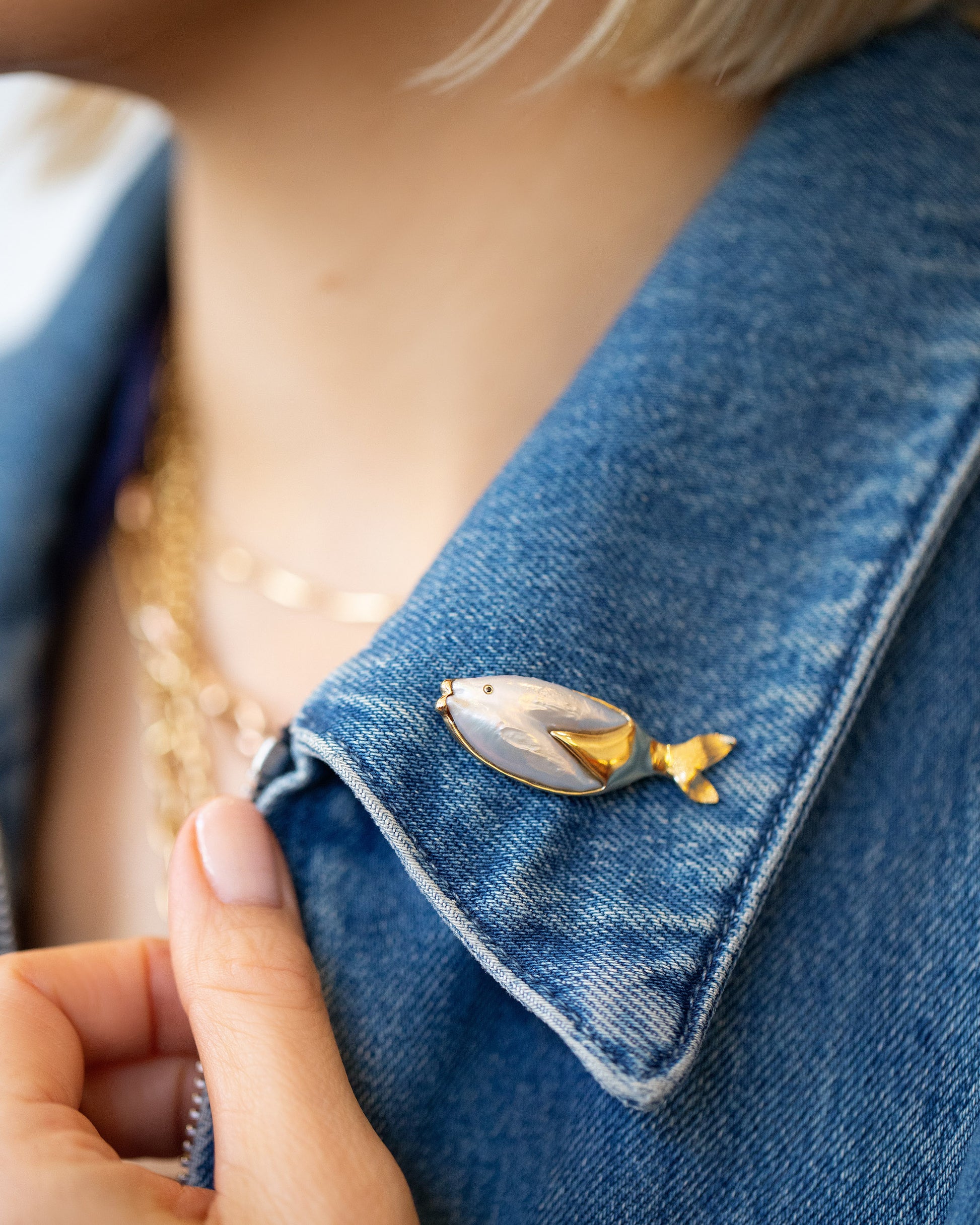 Frank Fish Brooch on model.