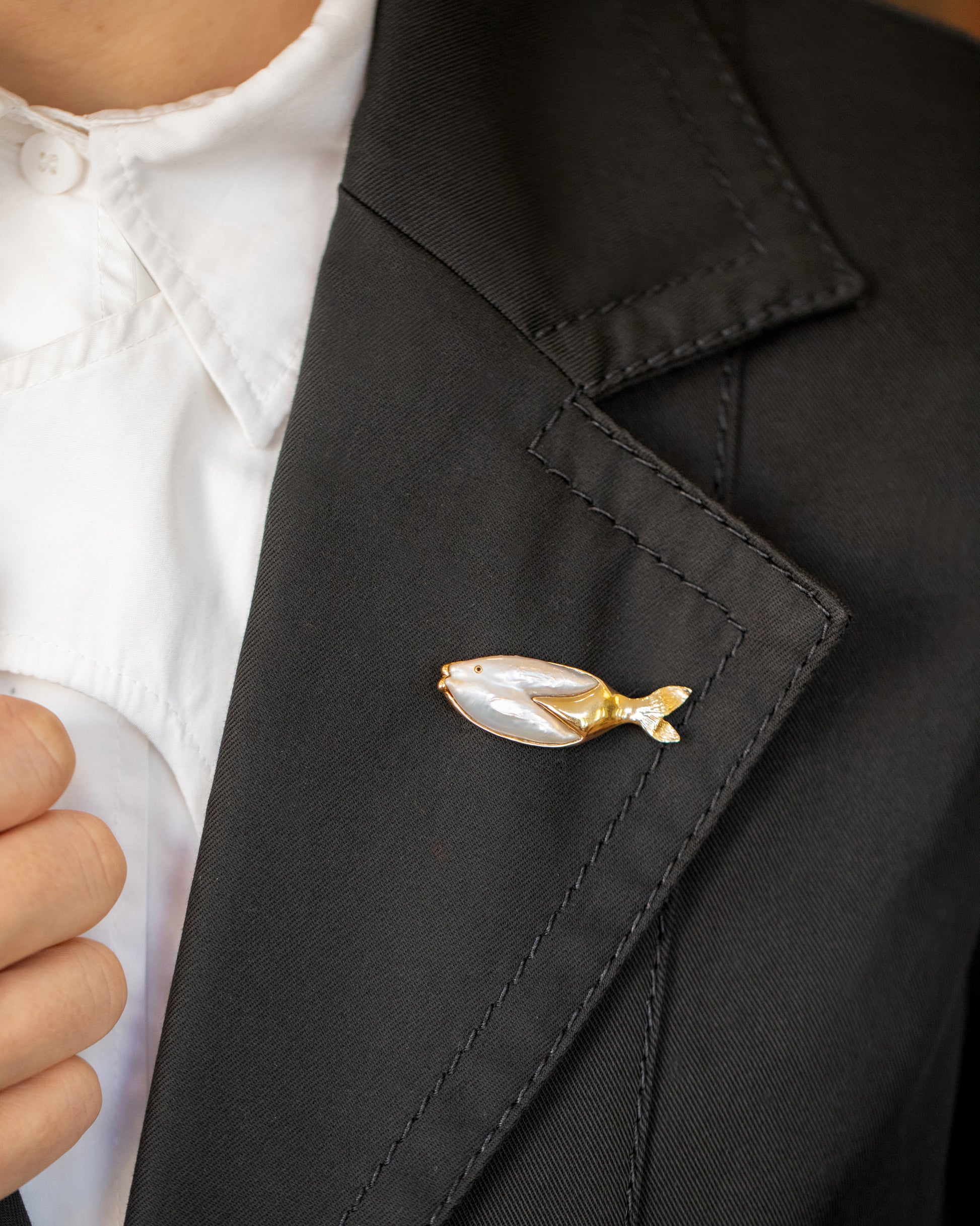 Frank Fish Brooch on model.