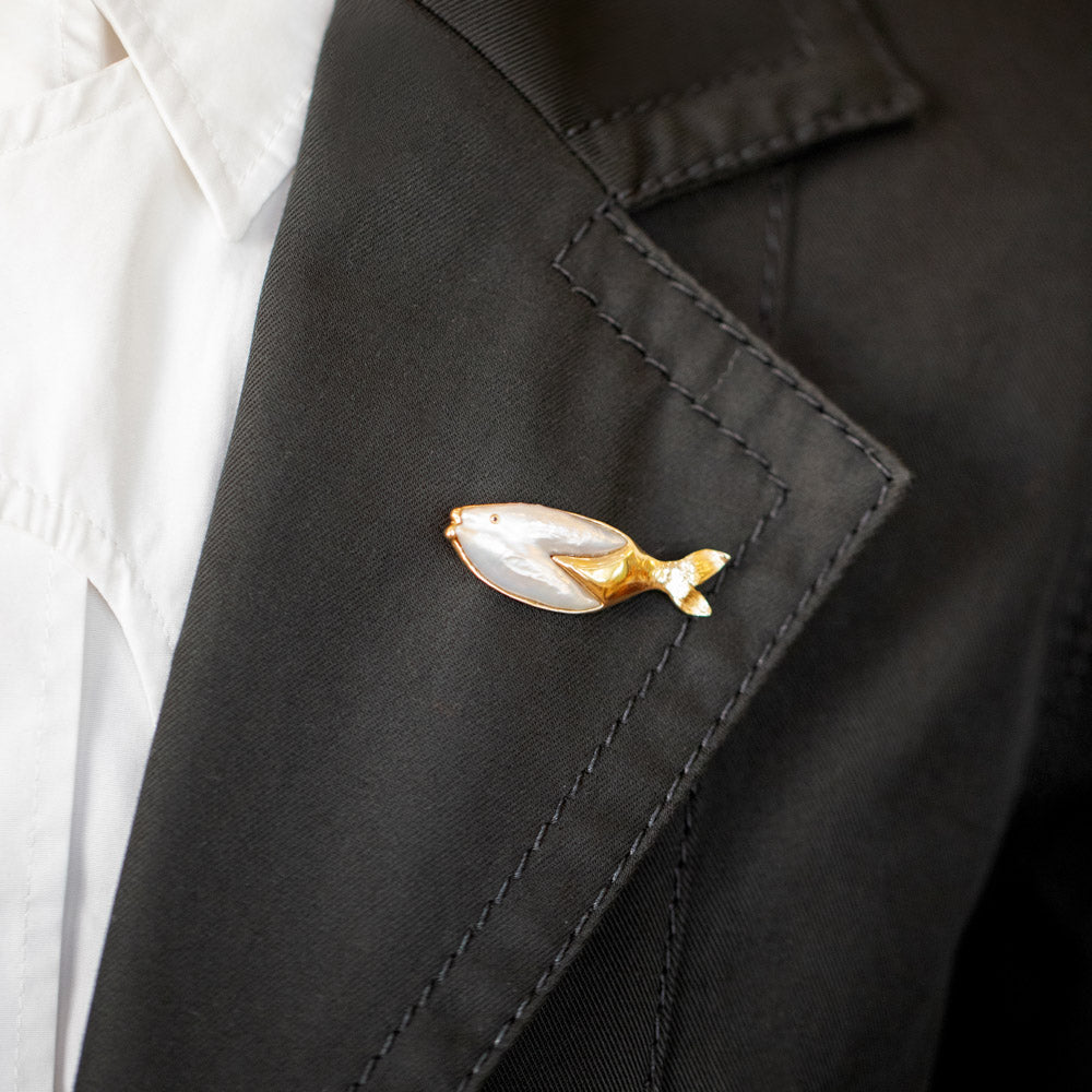 product_details::Frank Fish Brooch on model.