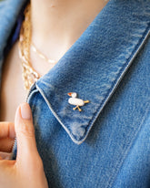 Henrietta Duck Brooch on model.