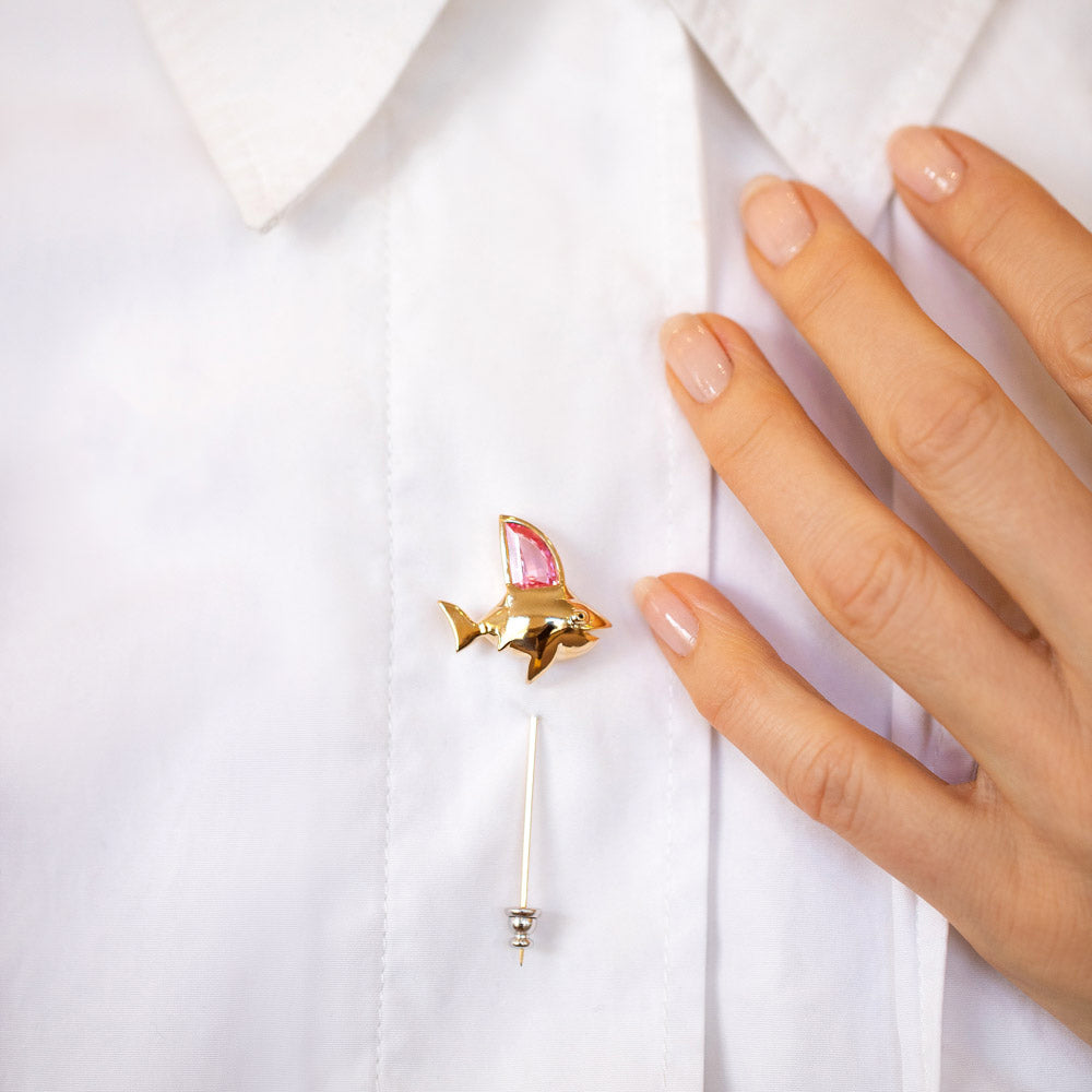 product_details::Simon Shark Pin on model.