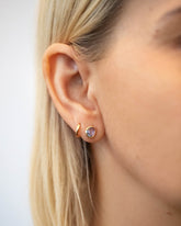 Gusher Blue Sapphire Stud Earrings 003 on model.