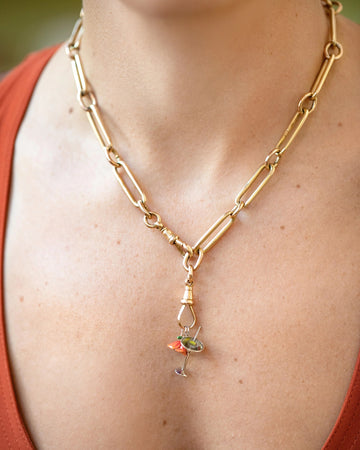 Mociun Gold Chain and Charms on model.