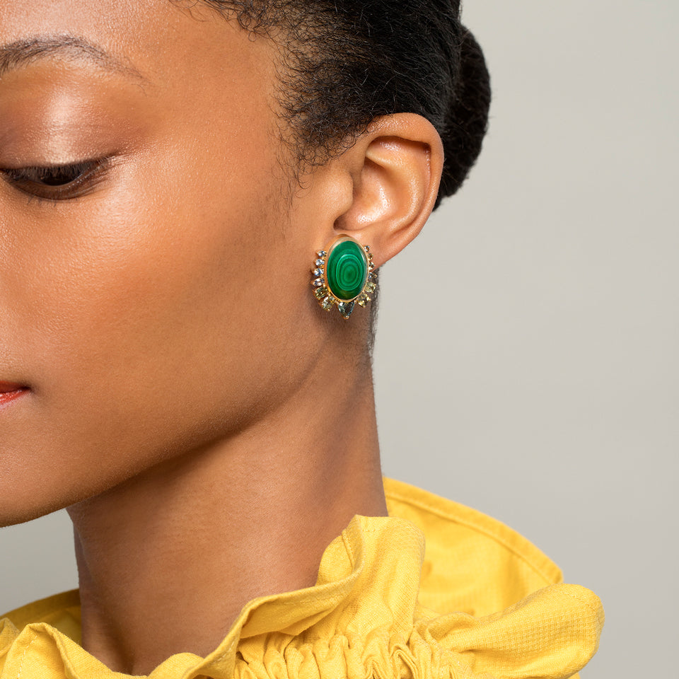 product_details::Malachite & Sapphire Earrings on model.