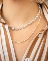 Ula Pearl Necklace 001 and Ula Pearl Necklace 005 on model.