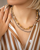 Ula Pearl Necklace 006 and Ula Pearl Necklace 002 on model.