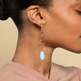 product_details::Oregon Sunstone & Persian Turquoise Earrings on model.