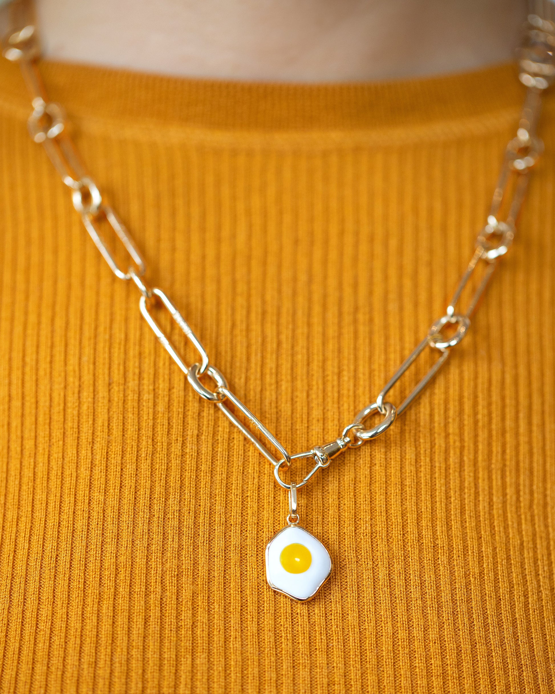 Fried Egg Pendant and Solid Gold Link Necklace on model.