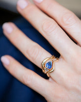 Camassia Ring, Gold Precise Band and Gold Bump Band stack on model.
