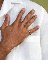 Gold Black Spinel Five Triangle Ring on male model.