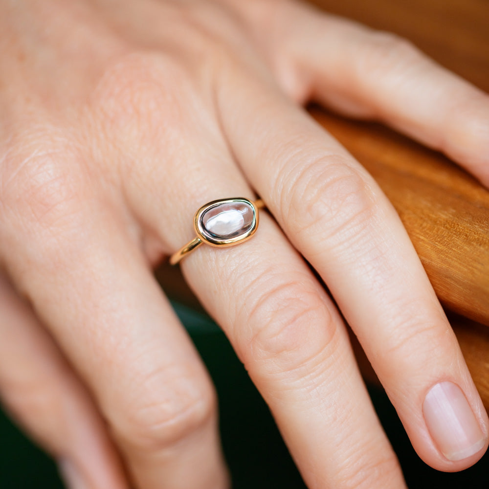 product_details::Bicolor Sapphire Gusher Ring on model.