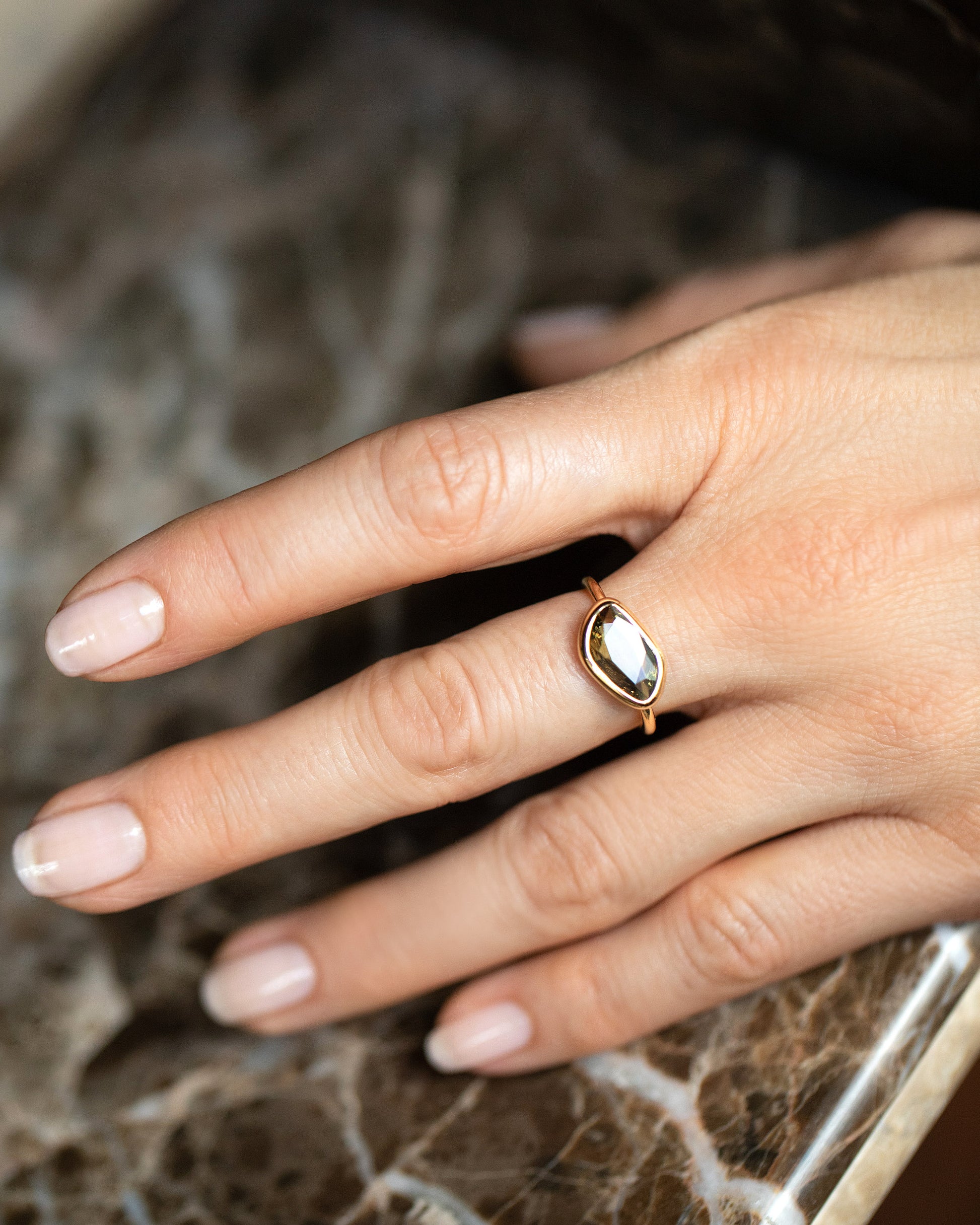 Gusher Green/Yellow Sapphire Ring 034 on model.