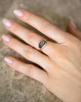 Gusher Teal Sapphire Ring 037 on model.