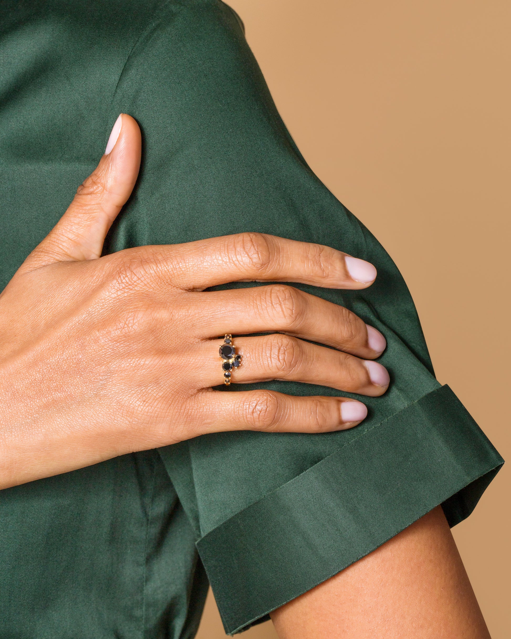 All Black Diamond Luna Ring on model.