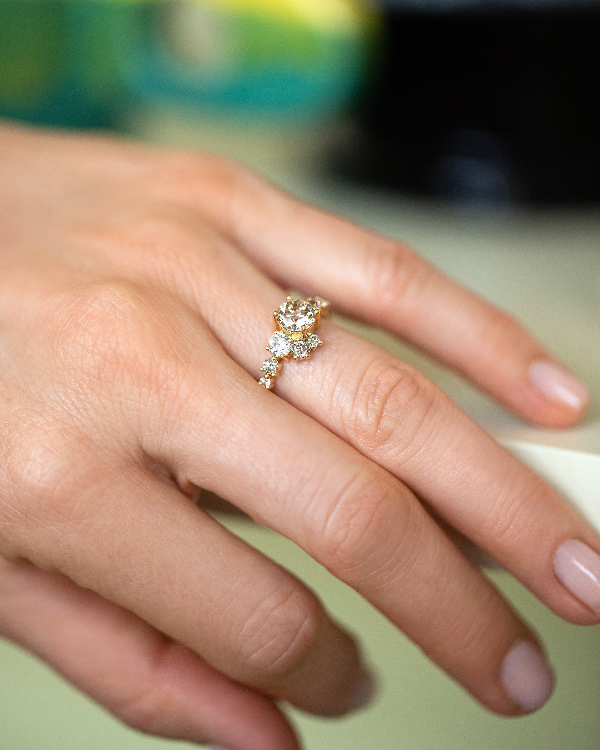 Champagne Diamond Luna Ring on model.