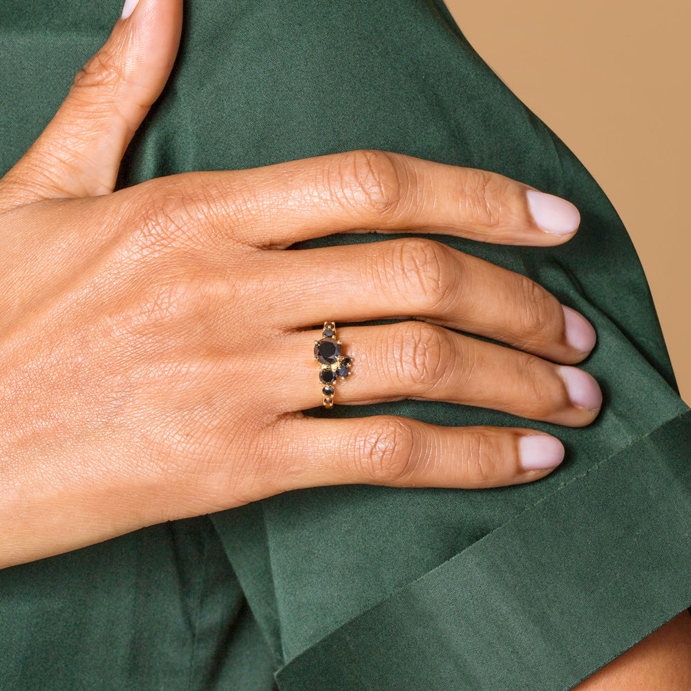 product_details::All Black Diamond Luna Ring on model.