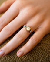 White Diamond & Blue Sapphire Third Eye Ring on model.