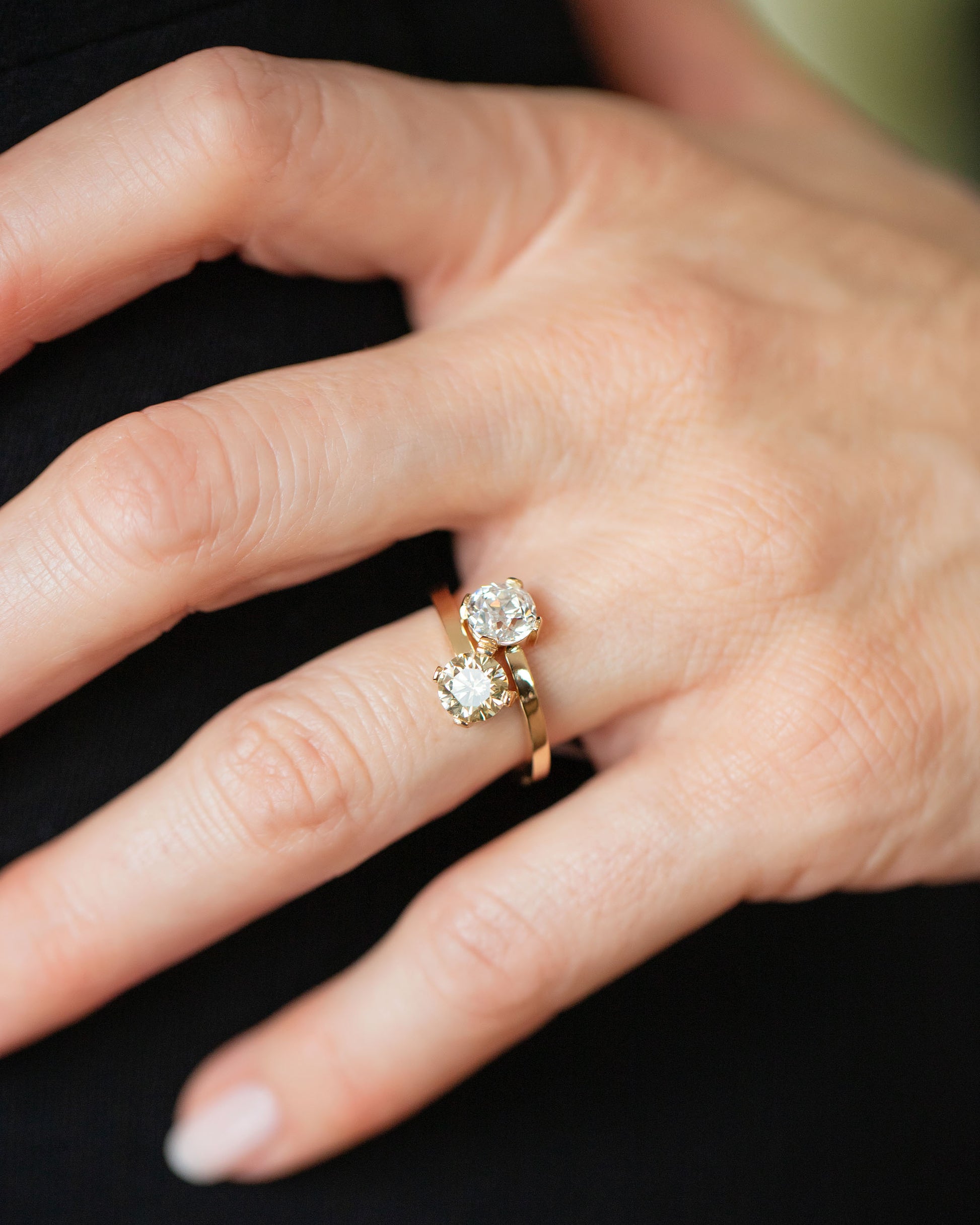 Champagne & White Diamond Union Ring on model.