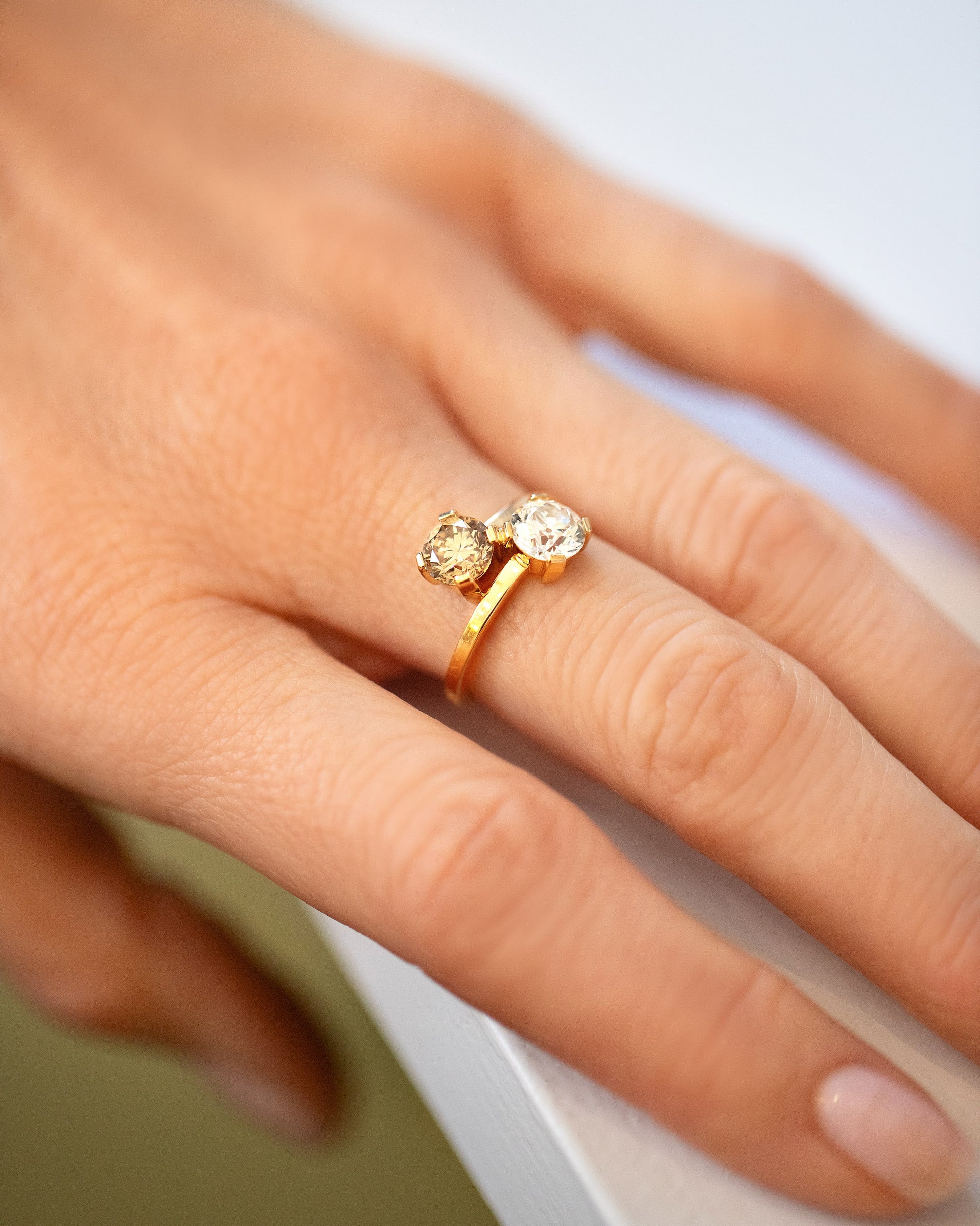 Champagne & White Diamond Union Ring on model.