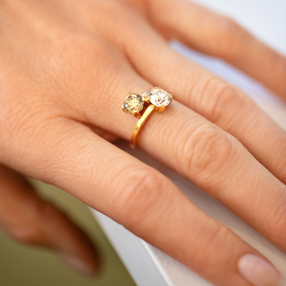 product_details::Champagne & White Diamond Union Ring on model.