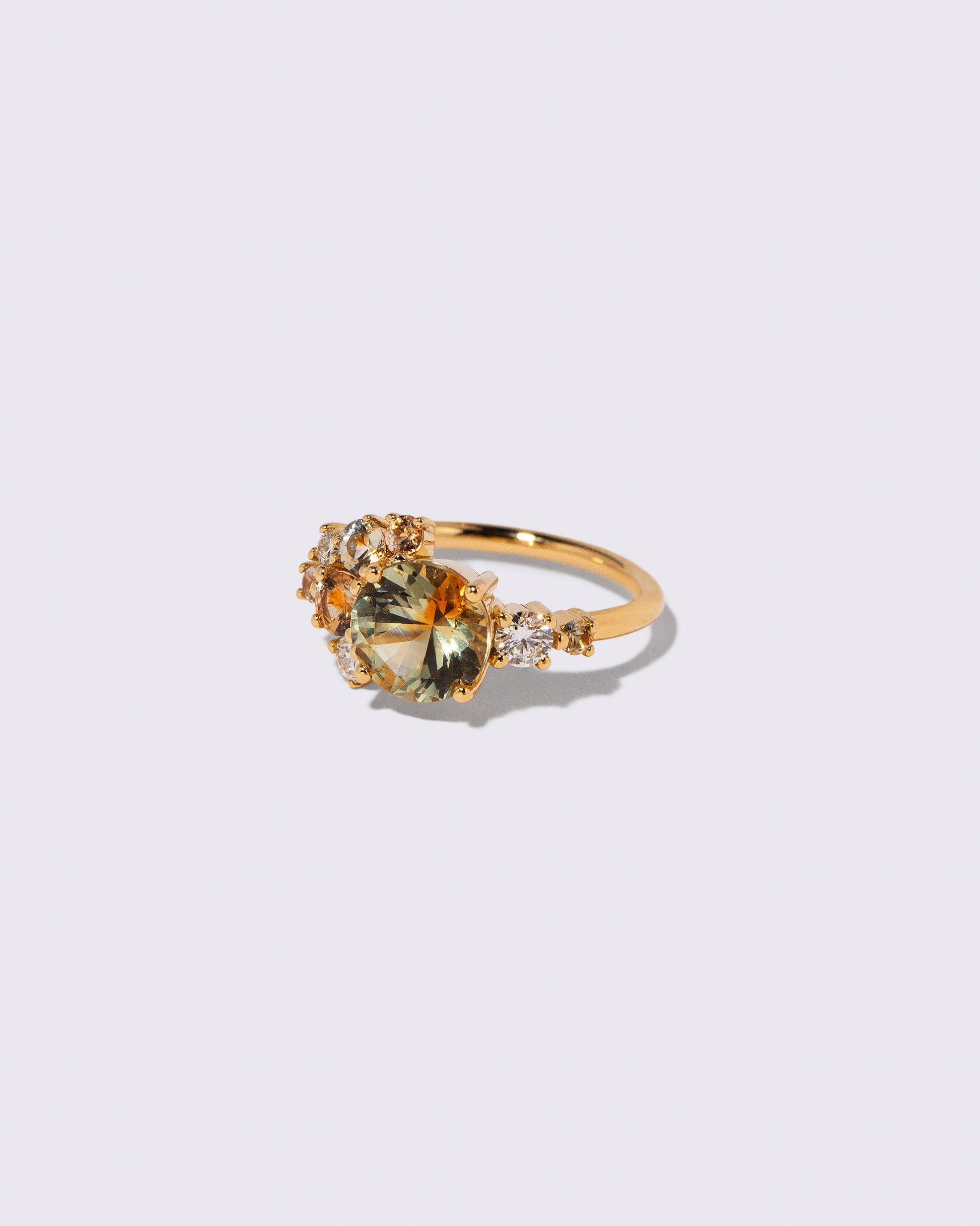 View from the side of the Bicolor Sapphire Vega Ring on light color background.