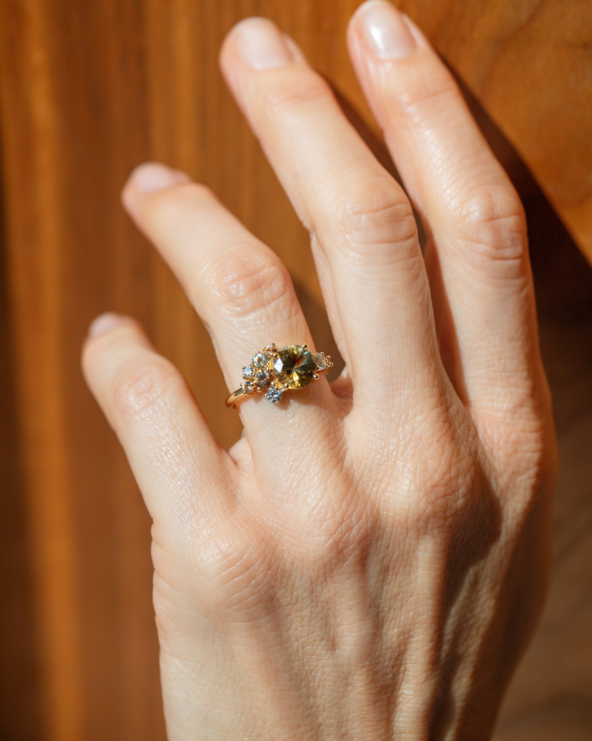 Bicolor Sapphire Vega Ring on model.