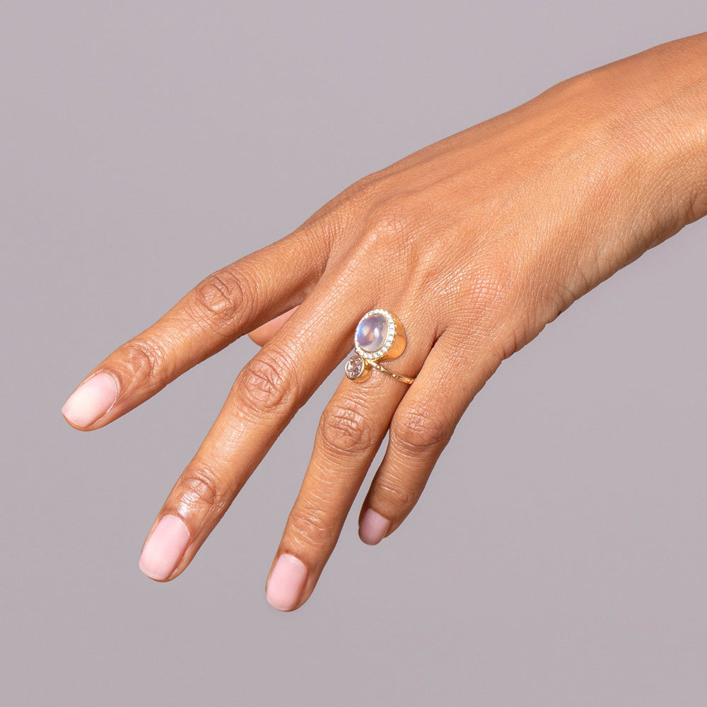 product_details::Moonstone & Diamond Cluster Ring on model.