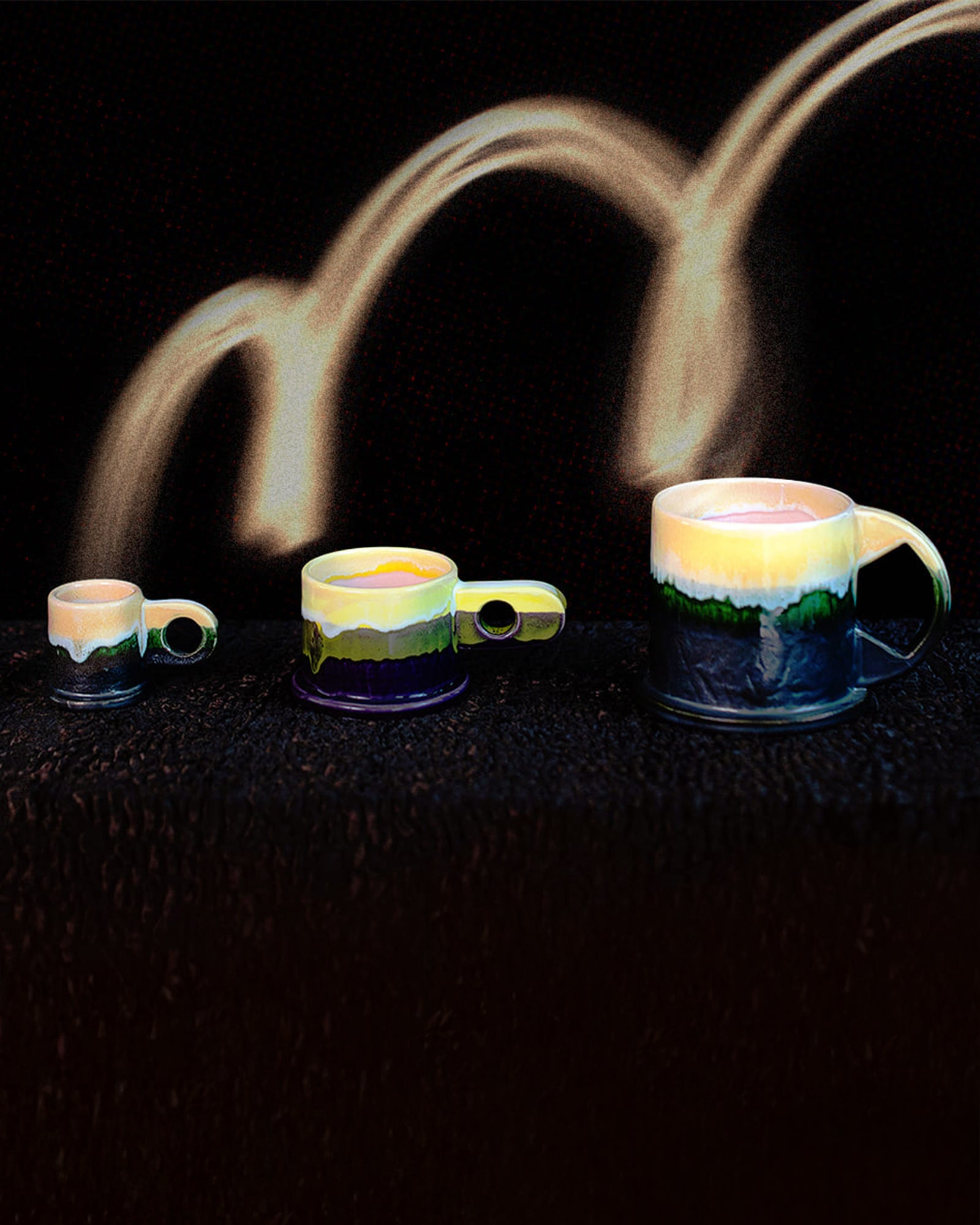 Styled long exposure image featuring the Ornamental by Lameice Amber & Lilac Dream Teapot and the limited edition Echo Park by Peter Shire mugs  on dark color background.