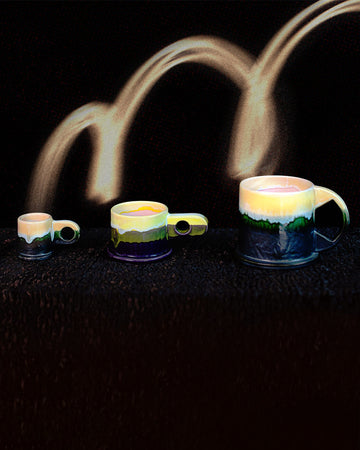 Styled long exposure image featuring the Ornamental by Lameice Amber & Lilac Dream Teapot and the limited edition Echo Park by Peter Shire mugs  on dark color background.