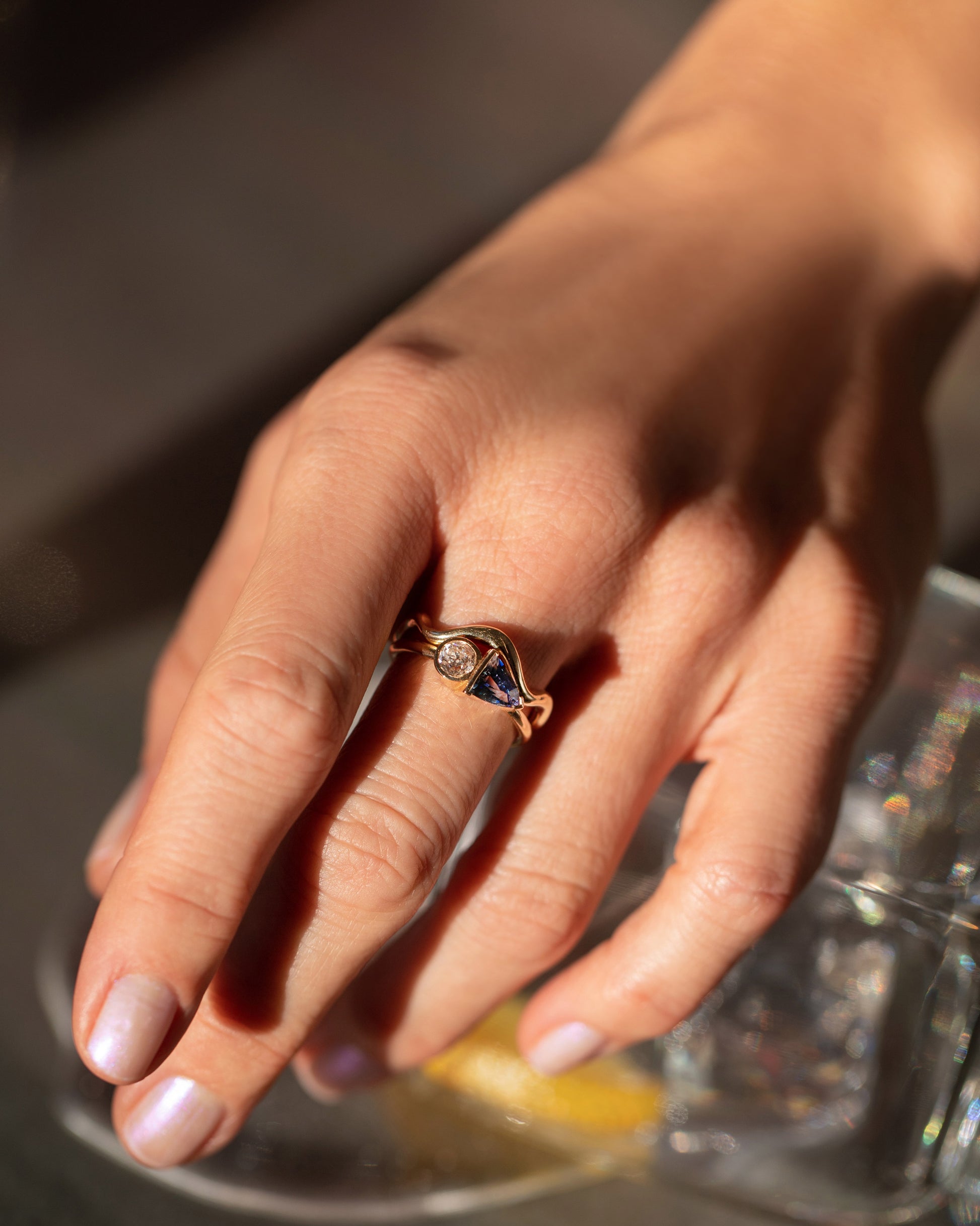 Multitude Ring and Gold Bump Band on model.